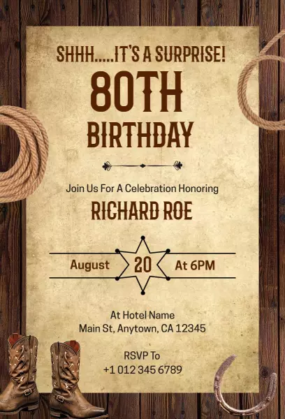 Surprise Cowboy Western 80th Birthday Celebration Invitation Template
