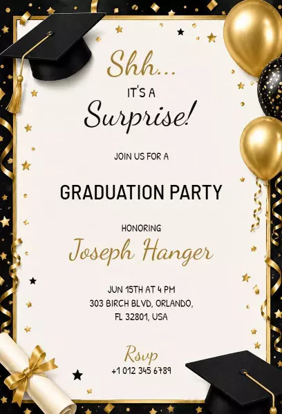 Surprise Gold Black Graduation Party Celebration Invitation Template