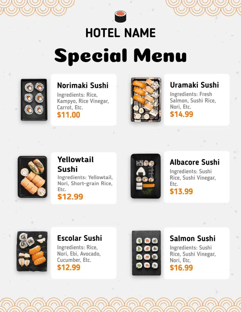 Sushi Delights Featuring Fresh Ingredients and Flavors Hotel Menu Template