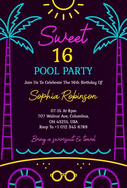 Sweet 16 Neon Pool Party Celebration Invitation Template