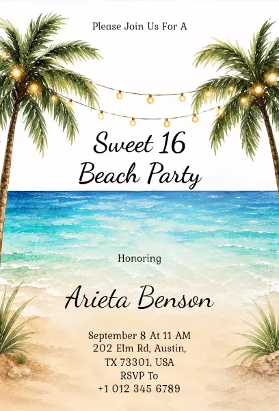 Sweet 16 Tropical Beach Party Celebration Invitation Template
