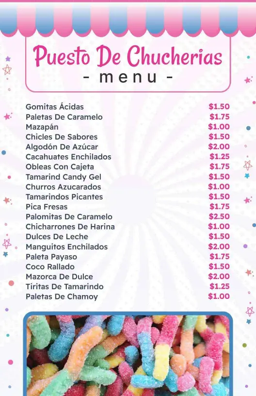 Sweet and Colorful Assortment of Treats and Snacks Candy Menu Template