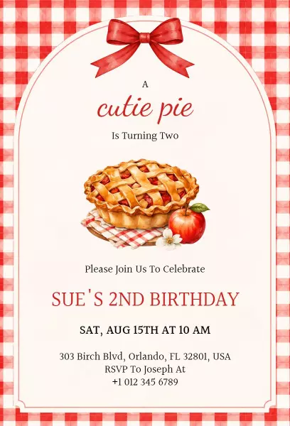 Sweet Apple Pie 2nd Birthday Celebration Invitation Template