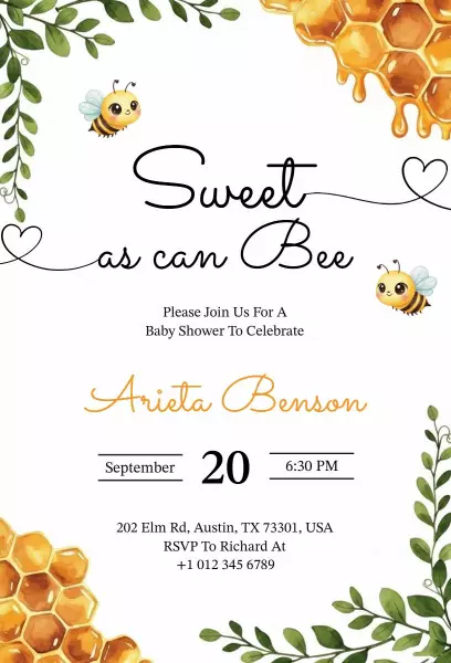 Sweet as a Bee Themed Baby Shower Celebration Invitation Template