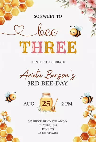 Sweet Bee Theme 3rd Birthday Celebration Invitation Template