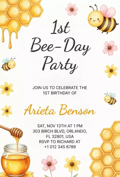 Sweet Bee-Themed 1st Birthday Celebration Invitation Template