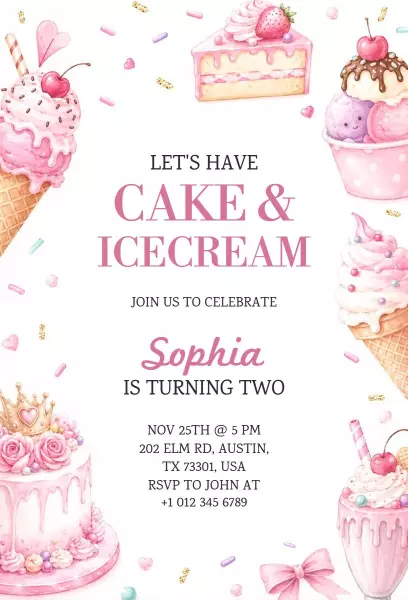Sweet Cake Ice Cream 2nd Birthday Celebration Invitation Template