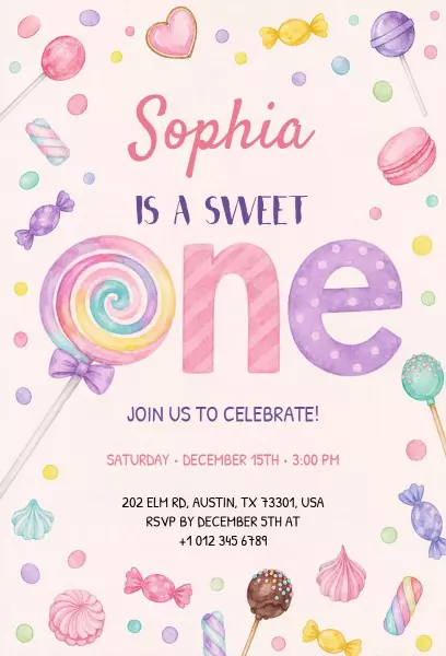 Sweet Candy Theme 1st Birthday Celebration Invitation Template