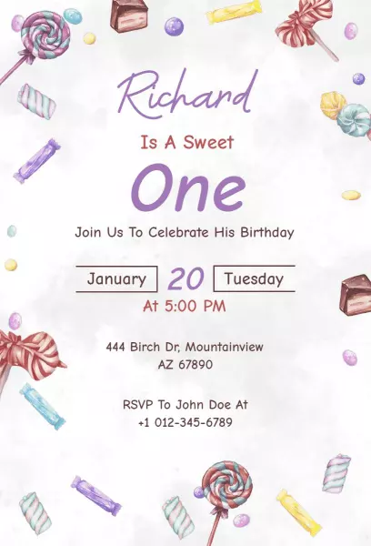 Sweet Candy Theme 1st Birthday Party Invitation Template