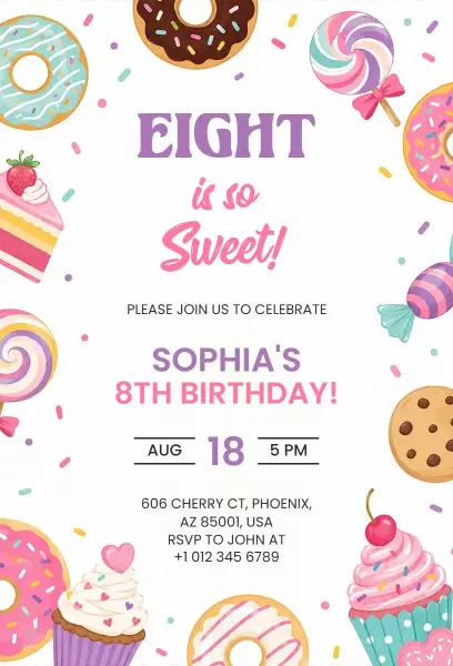 Sweet Candy-Themed 8th Birthday Celebration Invitation Template