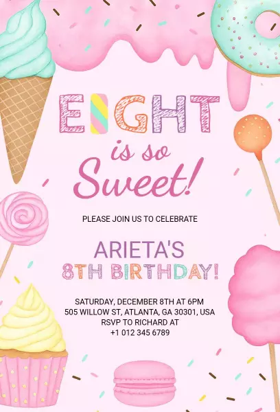 Sweet Colorful 8th Birthday Party Invitation Template