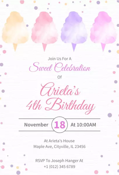 Sweet Cotton Candy 4th Birthday Celebration Invitation Template