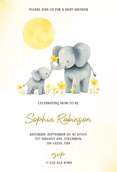 Sweet Elephant Theme Baby Shower Celebration Invitation Template