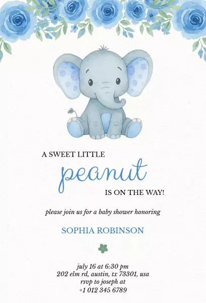 Sweet Elephant Watercolor Baby Shower Celebration Invitation Template