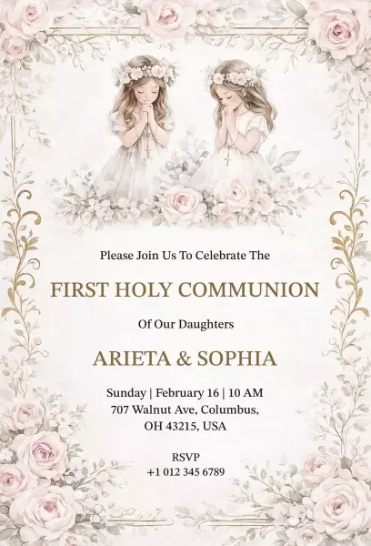 Sweet Floral First Holy Communion Celebration Invitation Template