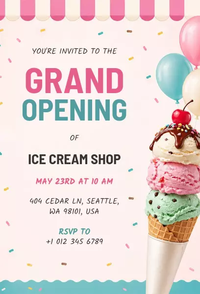 Sweet Ice Cream Shop Grand Opening Celebration Invitation Template