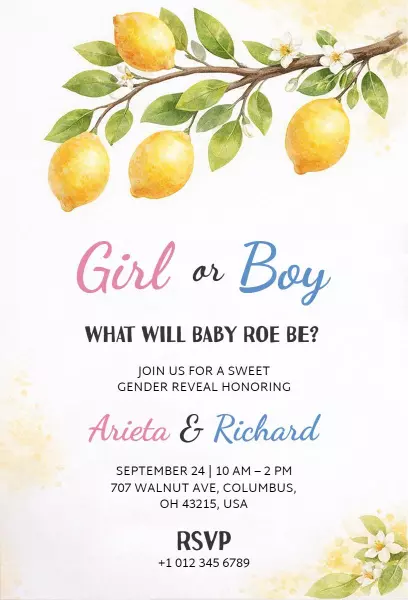 Sweet Lemon Blossom Gender Reveal Celebration Invitation Template