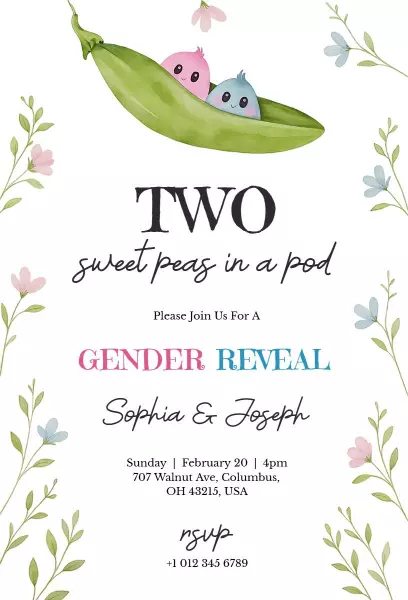 Sweet Peas in a Pod Gender Reveal Celebration Invitation Template