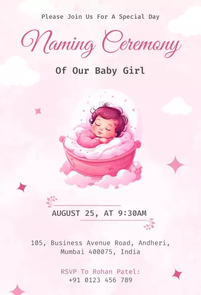 Sweet Pink Baby Girl Naming Ceremony Invitation Template