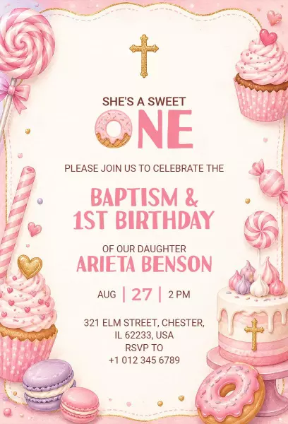 Sweet Pink Baptism and First Birthday Celebration Invitation Template
