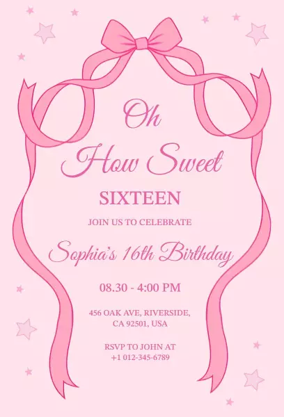 Sweet Pink Bow Sixteenth Birthday Celebration Invitation Template