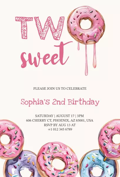 Sweet Pink Donut Themed 2nd Birthday Invitation Template