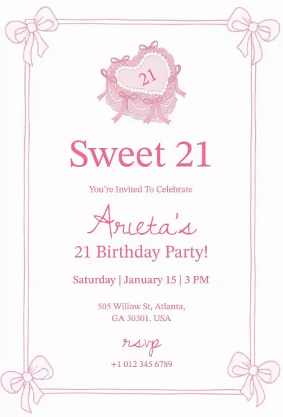 Sweet Pink Glamorous 21st Birthday Celebration Invitation Template