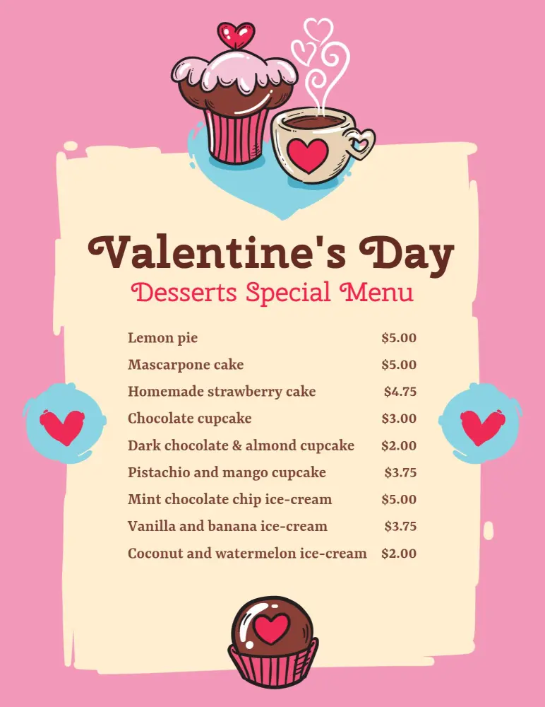 Sweet Romantic Desserts and Cakes for Your Loved One Valentine's Day Menu Template
