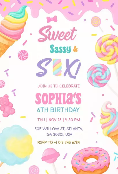 Sweet Sassy Colorful Candy Theme Birthday Invitation Template