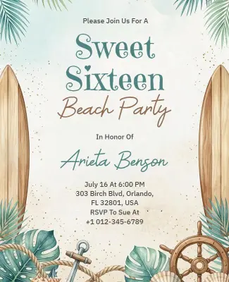 Sweet Sixteen Beach Party Invitation Flyer Template
