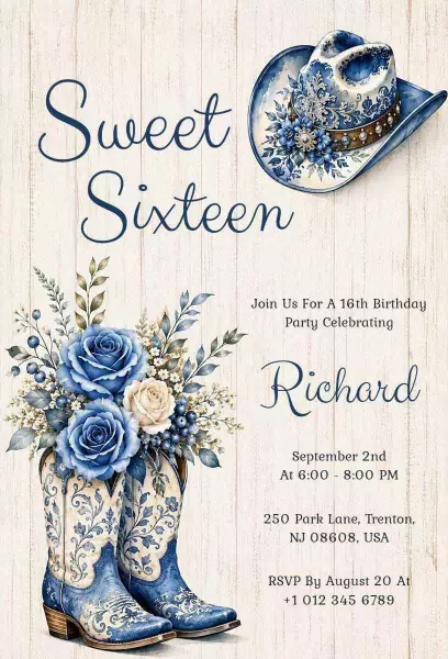 Sweet Sixteen Cowboy Themed Birthday Celebration Invitation Template