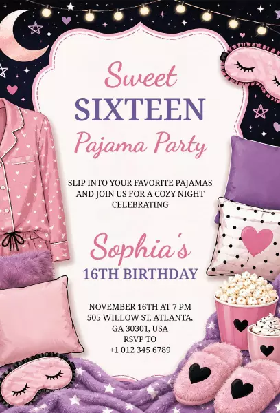 Sweet Sixteen Pajama Party Celebration Invitation Template