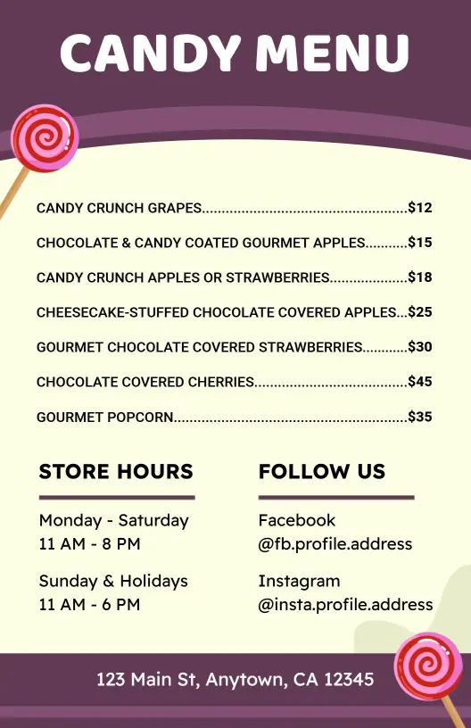 Sweet Specialty Chocolate and Fruit Coatings Candy Menu Template