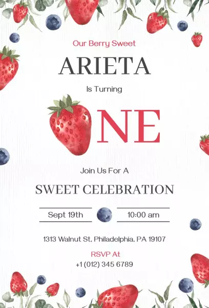 Sweet Strawberry Themed First Birthday Celebration Invitation Template
