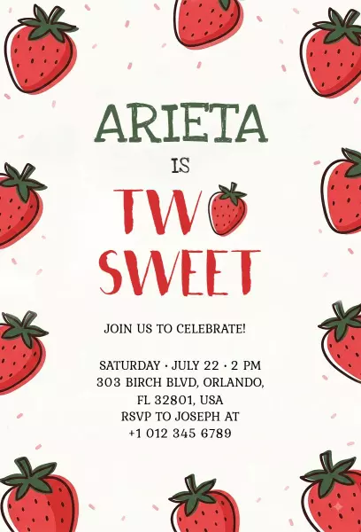 Sweet Strawberry Two Year Birthday Celebration Invitation Template