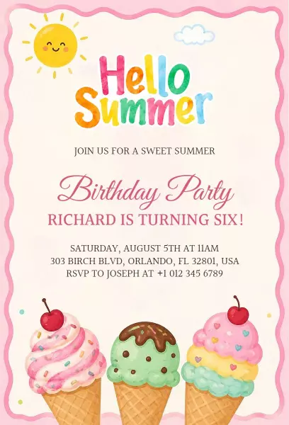 Sweet Summer Ice Cream Birthday Celebration Invitation Template