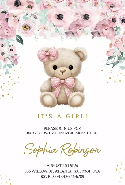 Sweet Teddy Bear Floral Baby Shower Celebration Invitation Template