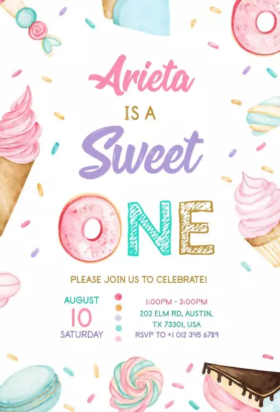 Sweet Treats Colorful 1st Birthday Celebration Invitation Template