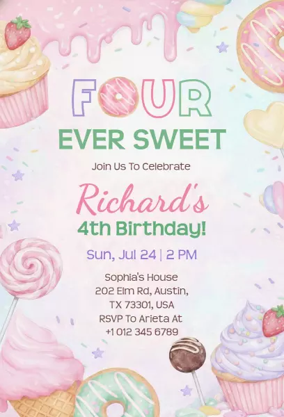 Sweet Treats Colorful Four Birthday Celebration Invitation Template