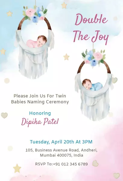Sweet Twin Babies Naming Ceremony Celebration Invitation Template