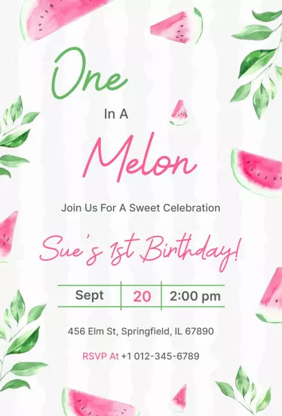 Sweet Watermelon Theme 1st Birthday Celebration Invitation Template