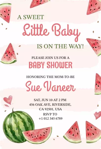 Sweet Watermelon Theme Baby Shower Celebration Invitation Template