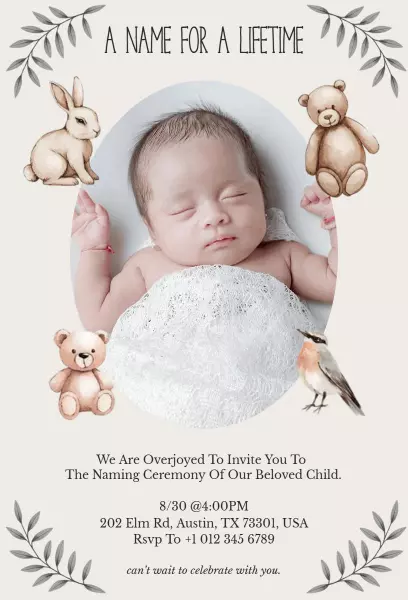 Sweet Woodland Themed Baby Naming Ceremony Invitation Template