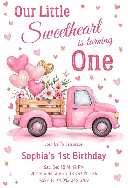 Sweetheart Pink Floral 1st Birthday Celebration Invitation Template