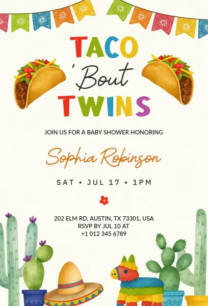 Taco Bout Twins Colorful Baby Shower Fiesta Invitation Template