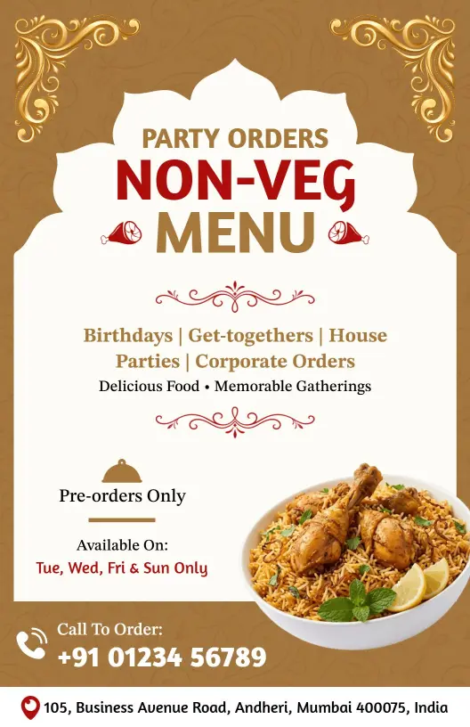 Tasteful Gold Accents Non-Veg Party Orders Menu Template
