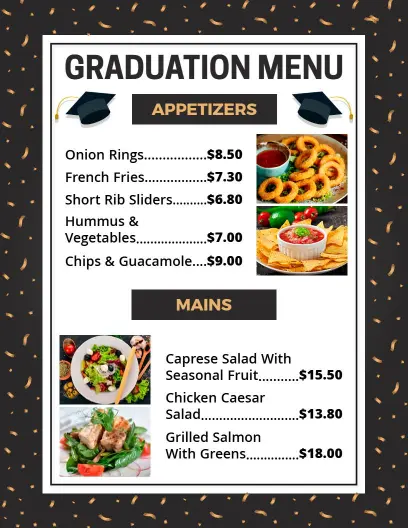 Tasty Appetizers and Main Courses for Graduation Event Menu Template