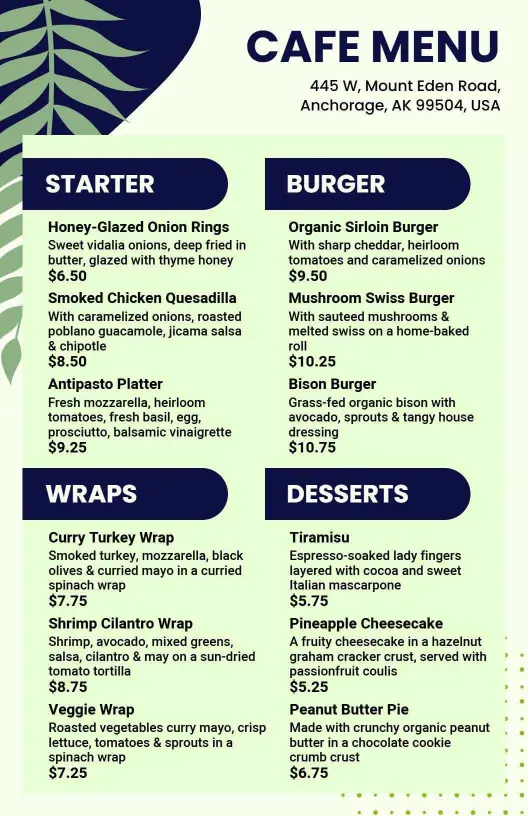 Tasty Burgers and Wrap Delights with Sweet Desserts Cafe Menu Template
