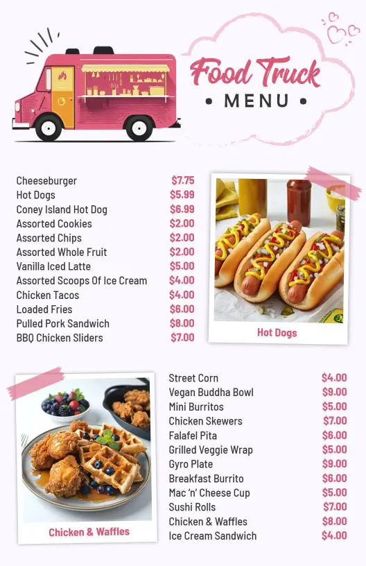 Tasty Gourmet Food Selections and Classics Food Truck Menu Template