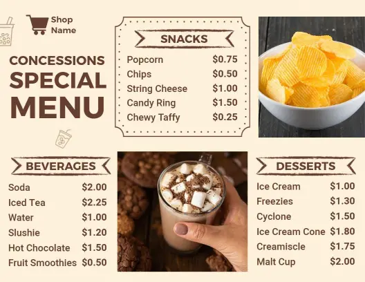 Tasty Popcorn, Chips, and Sweet Treats Concession Menu Template